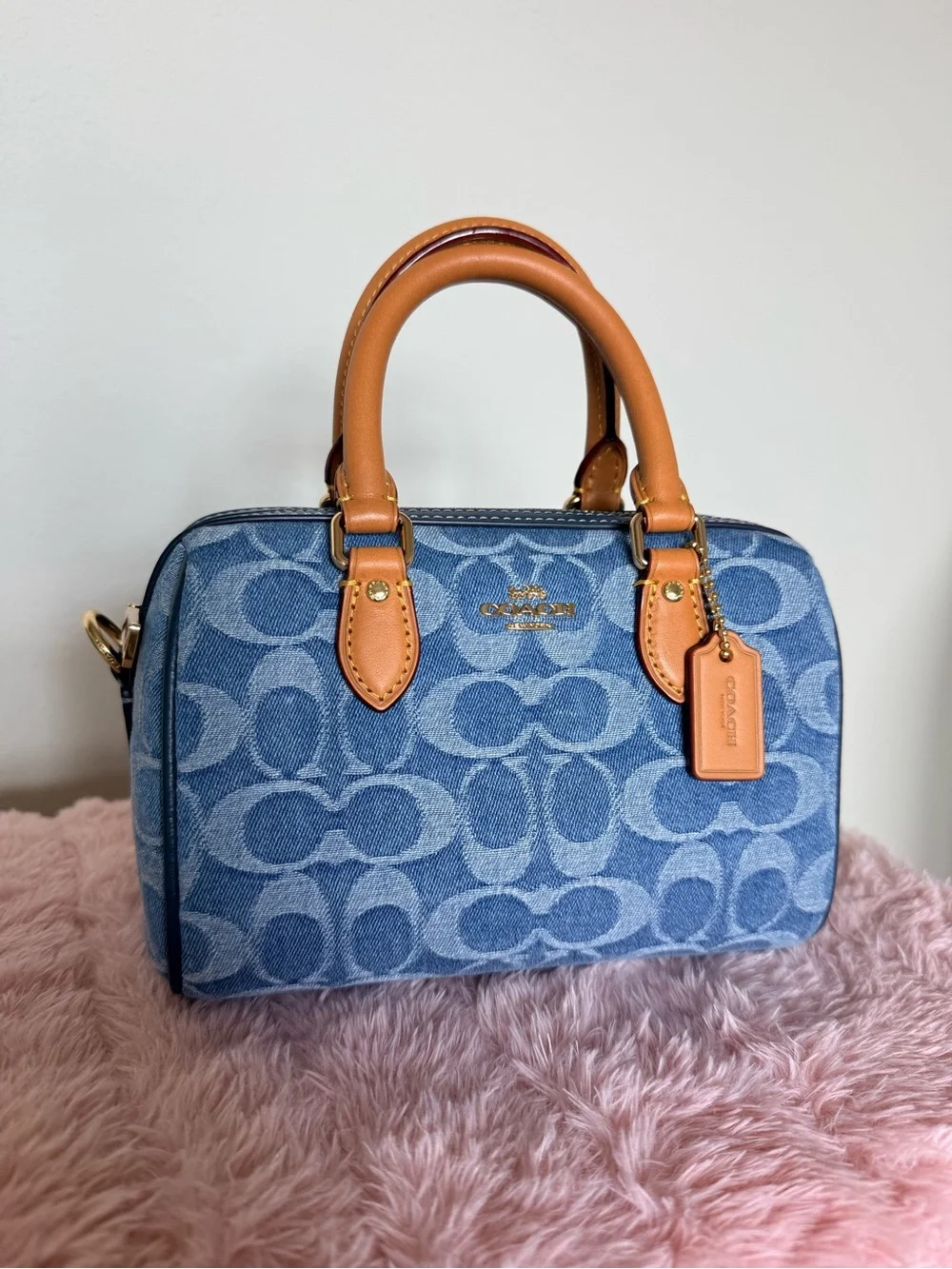 Coach Mini Denim Rowan Signature Satchel in Light Blue and Tan - Picture 1 of 9